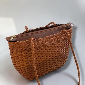 Ellepi Handmade Italy Woven Leather Shoulder Bag Cognac Brown Basketweave Tote